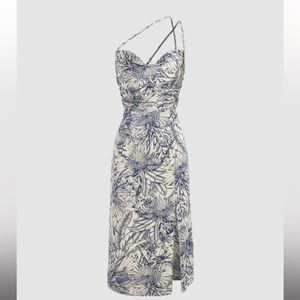 Tropical Shirred Slit Cowl Neck Midi Dress